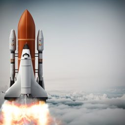 Rocket carrying space shuttle launches off. 3D illustration.