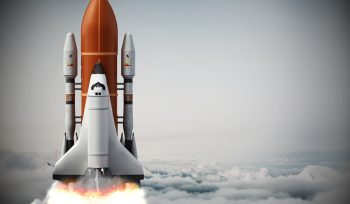 Rocket carrying space shuttle launches off. 3D illustration.